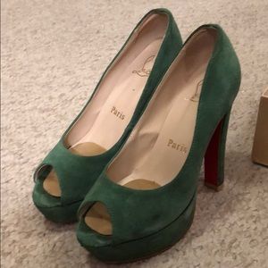 Christian Louboutin Green Suede Peep Toe Shoes